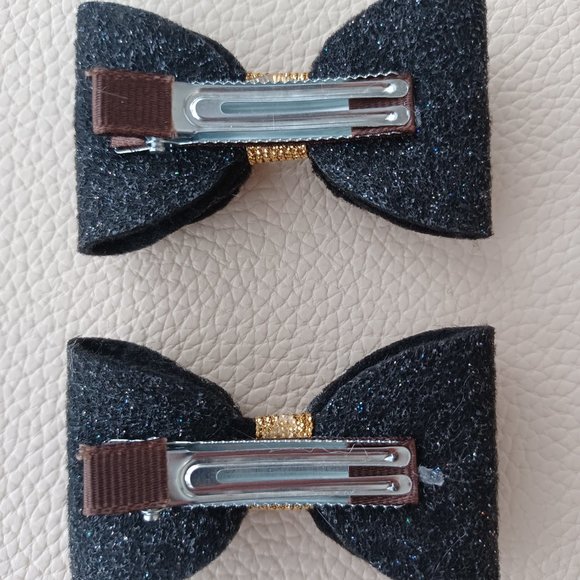 Hair bows for girls, glitter felt, 2 sets black and gold, black and silver 2.75 - Picture 3 of 4